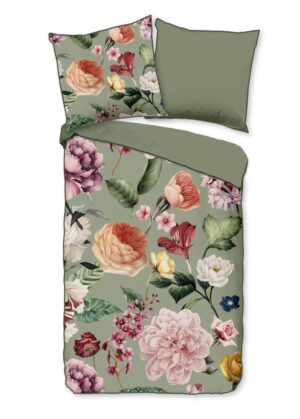 Descanso dekbedovertrek Fiori - Groen - 155 x 220 cm - 100% organisch katoen