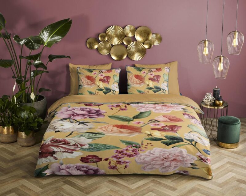 100% organisch katoen dekbedset Fiori van Descanso in 155 x 220 cm - Geel