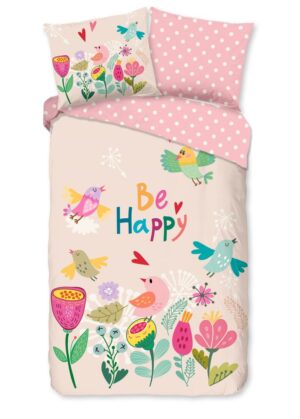 Good Morning dekbedovertrek Happily - Roze - 140 x 220 cm - 100% katoen