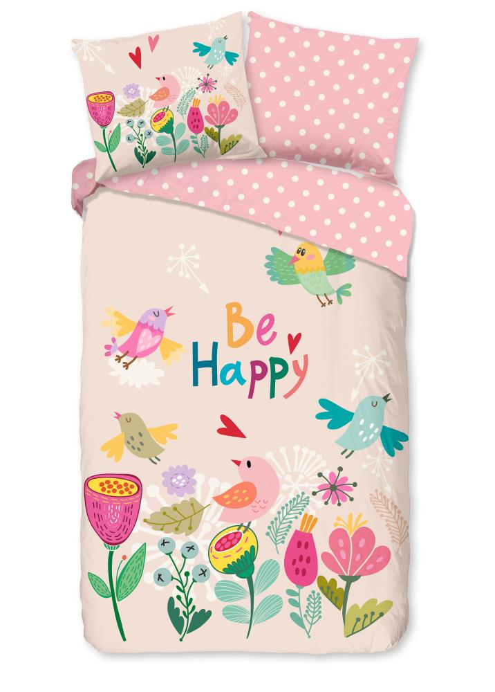 Good Morning dekbedovertrek Happily - Roze - 140 x 220 cm - 100% katoen