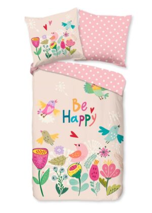 Good Morning dekbedovertrek Happily - Roze - 135 x 200 cm - 100% katoen