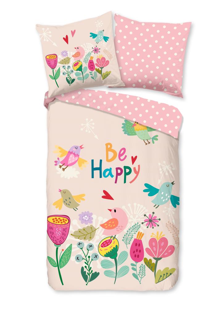 Good Morning dekbedovertrek Happily - Roze - 135 x 200 cm - 100% katoen