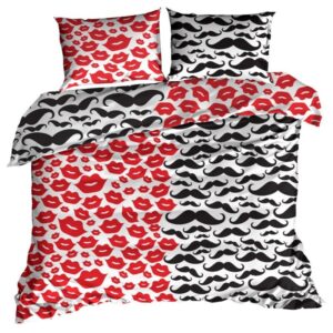 Dekbedovertrek Lippen en Snorren 200 x 220 cm - Wit/Rood/Zwart - 200 x 220 cm - 100% katoen
